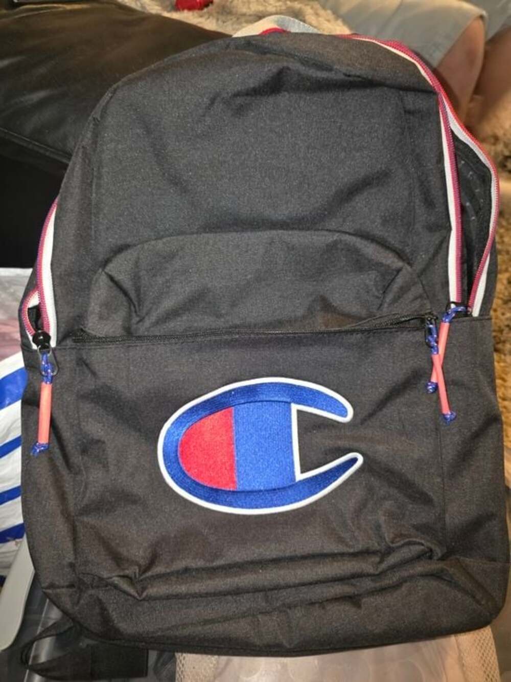 Champion Black Backpack with Red & Blue Logo Accent